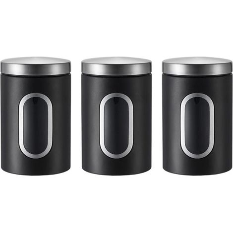 Ensemble de 3 boîtes de rangement noires pour la cuisine, contenants hermétiques avec fenêtre transparente, bocaux pour le café, organisateur pour le thé (1/5)
