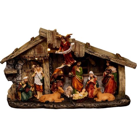 Crèche de Noël lumineuse en polyrésine avec 11 santons