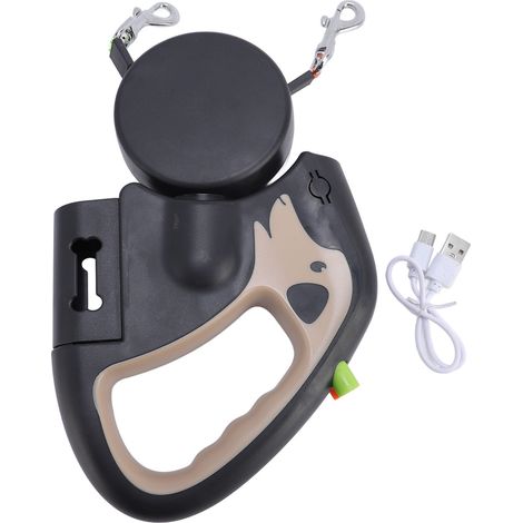 Laisse rétractable automatique pour chien, longueur réglable, batterie 500 mAh, double attache, pour 2 chiens, kaki (1/5)