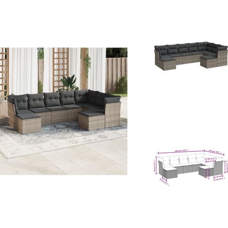9-tlg. Garten-Sofagarnitur mit Kissen Grau Poly Rattan - Gartensorte - Outdoor Möbel - Lounge Set - Esszimmergarnitur - Gartenlounge (1/3)