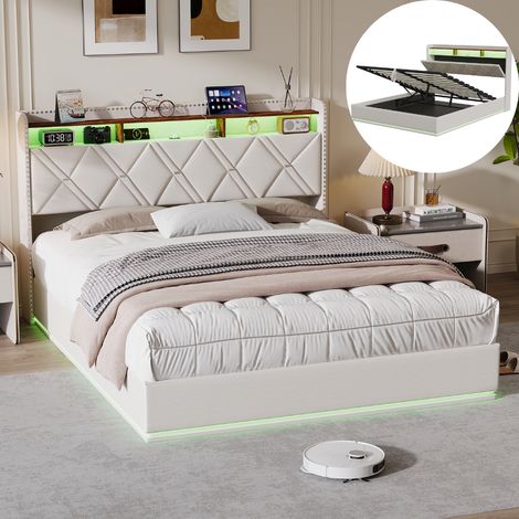 Lit coffre 140x200cm, lit adulte 140x200, lit 140x200 avec sommier LED et USB, tête de lit capitonné avec rangement ouverte, design rivets, Lin Beige (1/5)
