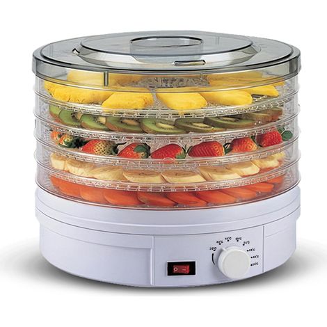 Essiccatore elettrico professionale da cucina a 5 vassoi, bianco, per frutta, carne ed erbe aromatiche, con termostato regolabile (35-70℃) e motore silenzioso. (1/4)