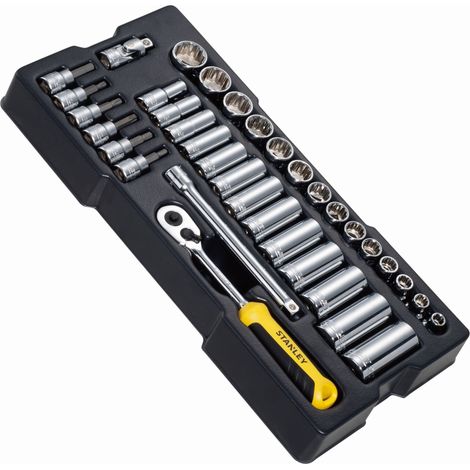 Stanley – Clé à douille 3/8" – 36 pièces – Acier chrome-vanadium – Cliquet réversible avec levier – Douilles Maxi-Drive pour transmission optimale (1/3)