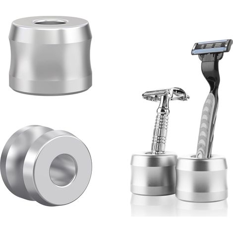 Lot de 2 supports pour rasoir de sécurité, diamètre d'ouverture 18,5 mm (0,7 po), en alliage d'aluminium, pour comptoir de salle de bain, couleur argent. (1/5)