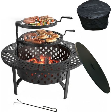 Relaxdays Fire Bowl, Ø 92 cm, 2 height-adjustable swivel grill grates, lid, poker & cover, black (1/5)
