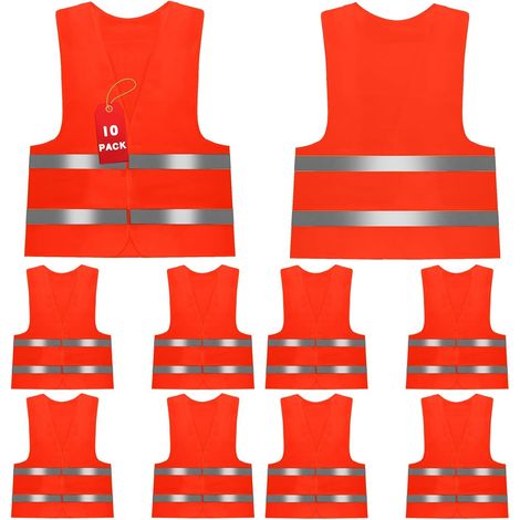 10 Pièces Gilet Reflechissant, Gilet Orange de Sécurité, Gilet Orange avec de Bandes Réfléchissantes, Gilet Visibilité pour Conducteurs, Travailleurs BTP, Cyclistes, Orange (1/5)