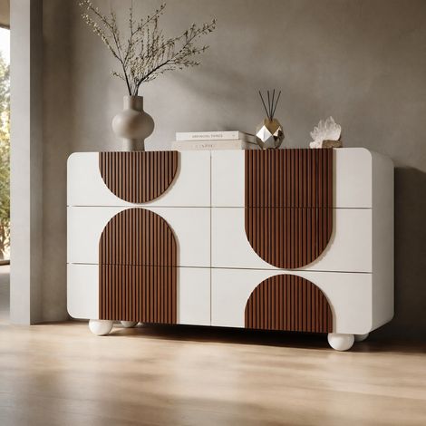 Kommode mit 6 Schubladen (121x41x71 cm), geschwungenes Design, leise Gleitschienen, MDF und Massivholz, Weiß (1/5)