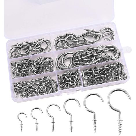 Screw in Hooks, 150 Pieces Screw in Hooks, 7 Sizes of Screw in Hooks with Storage Box, for Tea Cup, Plant, Light, Home Office (1/5)