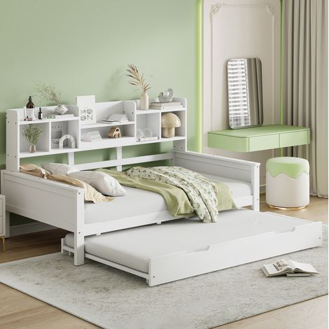 lit 90x200 avec lit gigogne et rangement bois blanc HAVRYA (1/5)