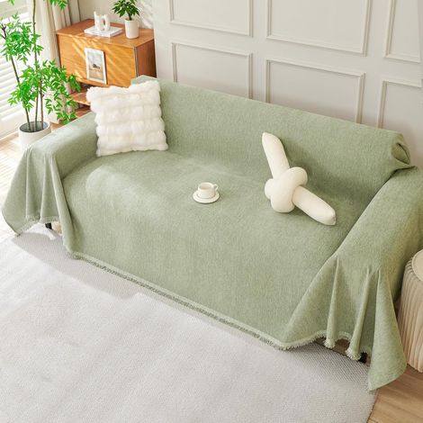 Housse de canapé en chenille vert sauge, 180x300 cm, douce et respirante, lavable en machine, avec franges décoratives. (1/5)