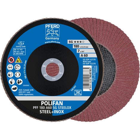 PFERD TOOLS POLIFAN Fächerscheibe PFF 180x22,23 mm flach A60 Leistungslinie SG STEELOX Stahl/Edelstahl 10 Stk (1/4)