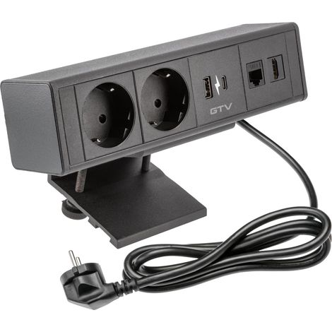 GTV - Presa per mobili bar, multipresa, 2 prese Schuko, 1 USB A, 1 USB C, 1 RJ45, 1 HDMI, cavo 1,5 m, colore nero, per scrivania, tavolo, cucina e ufficio