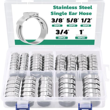 Assortiment de bagues de sertissage Pex 120PCS,Pinces Pex en acier inoxydable 304 3/8 ", 1/2 ", 3/4 ", 5/8 ", 1" Pinces de tuyau d'oreille unique,Pinces Pex Cinch pour tuyaux de tuyaux de raccords Pex