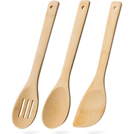 Cuillères en bois, ensemble de 3 pièces comprenant une écumoire, une cuillère en bois et une spatule en bois, ustensiles de cuisine en bambou pour poêles antiadhésives, ustensiles en bambou naturel (1/5)