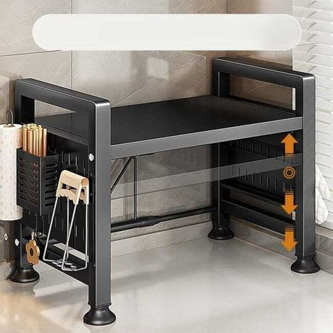 Support micro-ondes multifonction cuisine 53 cm gris foncé avec double étagère et 6 crochets (1/4)