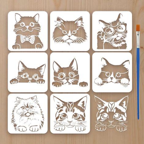 8Pcs Pochoir de Peinture de Chat Mignon Avec Pinceau Pochoir Réutilisable de 20x20cm pour Peinture Motif Chat Décoratif Animal pour Mur Meubles Bois Papier et Décoration D'Intérieur (1/5)