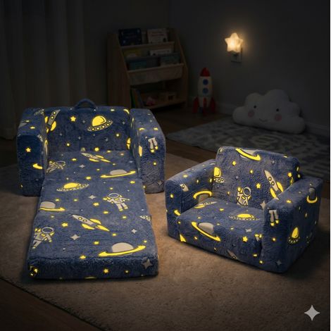 Poltroncina pieghevole luminosa per bambini in peluche, astronauti e razzi, blu HAVRYA (1/5)