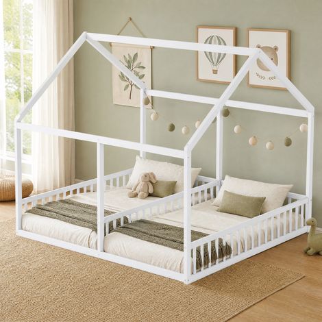 Letto doppio per bambini in legno di pino bianco 90x200 cm, design casetta, con sponde e rete a doghe