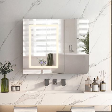 Armoire Miroir Salle de Bain 2 Portes, LED 3 Couleurs Tactile + Fonction Anti-Buée, Miroir Double Face, Étagères Réglables, Blanc (1/5)