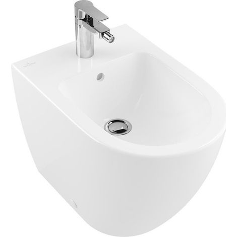 Bidets posés au sol, 370 x 560 mm, pour robinetterie à 3 trou s, troude robinetterie central percé,avec trop-plein, modèle sur pied, pour installation près du mur, En porcelaine sanitaire Blanc Cerami