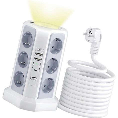 Multiprise tour 12 prises 10 A 250 V 2500 W, rallonge, protection contre les surtensions, blanc multicolore, usage nocturne haut de gamme (1/5)