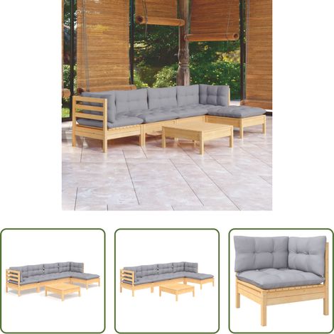 Holzgartenmöbel - 6-tlg. Garten-Lounge-Set mit Grauen Kissen Kiefernholz (1/5)