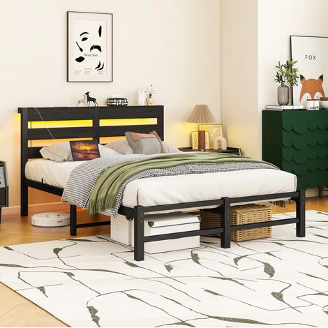 Letto 120x200 cm con illuminazione LED RGB, stazione di ricarica USB, struttura in metallo e legno, nero (1/5)
