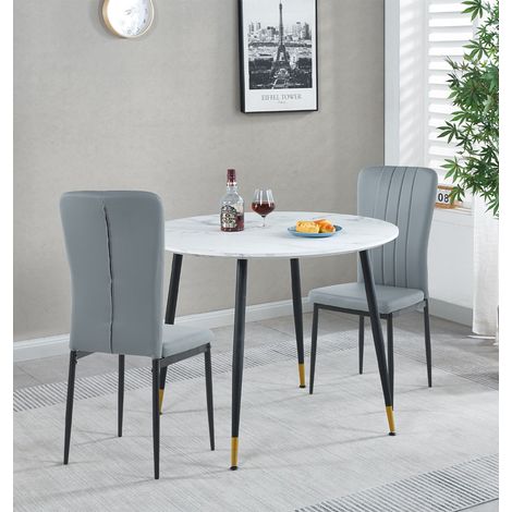 Hallowood Furniture Finley Small Table and Chairs Set 2, White Marble Effect Round Dining Table and 2 Light Grey Faux Leather Chairs, Perfect for Home, Office, or Café Spaces (1/5)