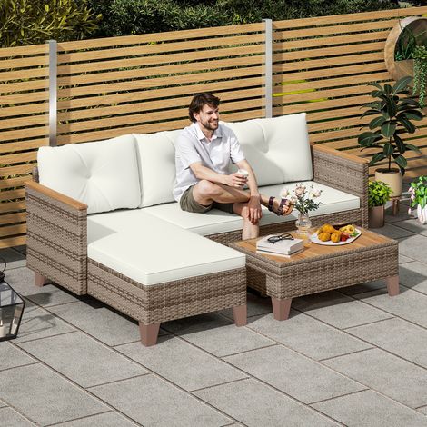 Salon jardin en rotin en PE canapé 2 places chaise longue table basse - Couleur: Crème