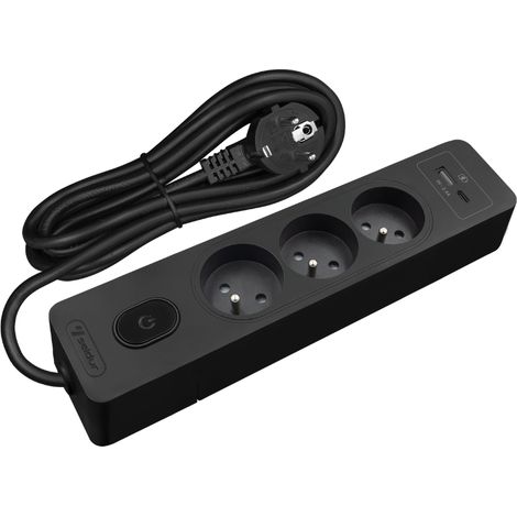Multiprise SELDUR G3FU52S, 3 prises type E+ interrupteur, USB A+C charge standard 12W, Noir, câble 5m (1/4)