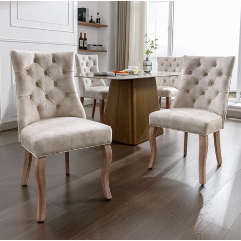 Lote de 4 sillas de comedor de terciopelo, respaldo alto, con acolchado de botones, estructura de madera, beige claro (1/5)
