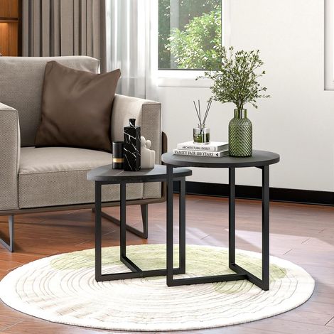 CHICFURN Lot de 2 tables basses rondes emboîtables en métal noir, plateau effet bois et design industriel, pour salon, chambre et petit espace moderne (1/5)