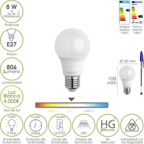 Bombilla Led Estandar Rosca E27. 8 Watt. Equivale A 65 Watt. 806 Lumenes. Luz Neutra (4000º K.)