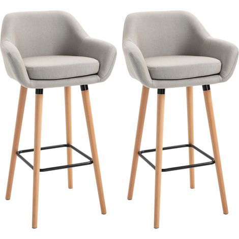 Lot de 2 tabourets de bar en lin beige avec dossier, coussins et pieds en bois de hêtre (1/5)