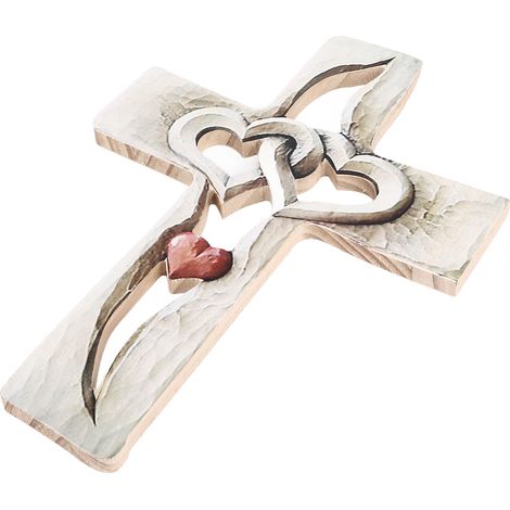 Croix en bois sculptée, motif cœurs entrelacés, à suspendre au mur. Croix en bois sculptée à la main, idéale pour la décoration du salon, du bureau, de la chambre ou du salon. Motif cœur rouge. (1/5)