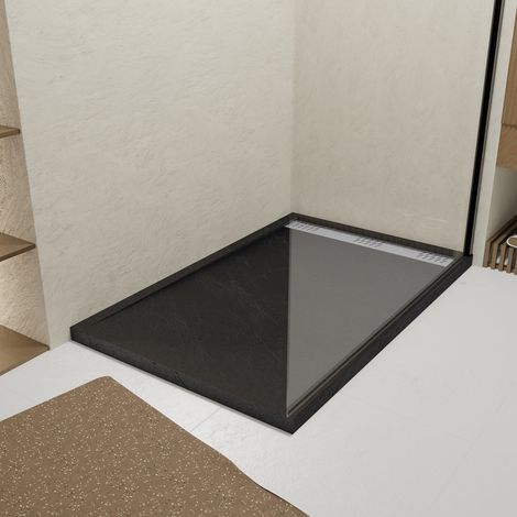Plato de Ducha Negro Efecto Piedra 80x120x4 cm - Rejilla Lineal Cromada