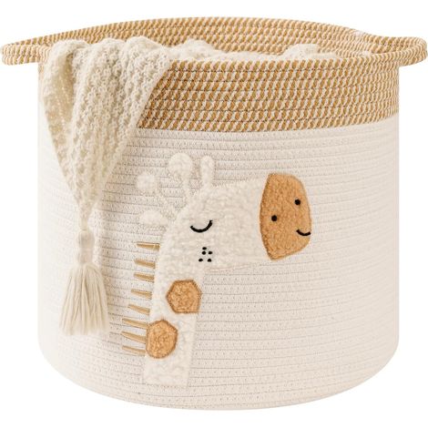 Cesta de almacenamiento grande de cuerda de algodón trenzada con asa, estampado de jirafa, para juguetes.