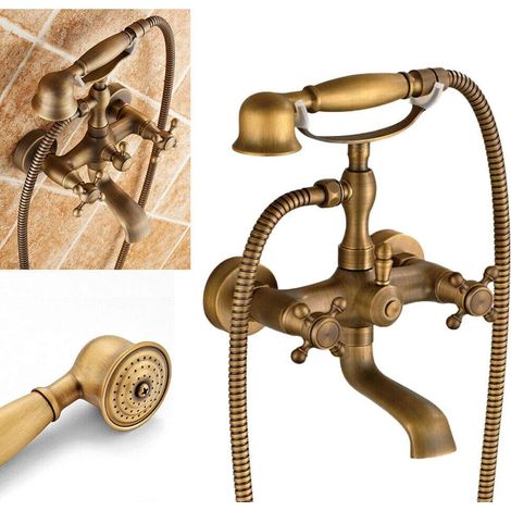 Wandarmatur mit zwei Griffen Antike Messingarmatur mit Wand-Badewannenarmatur mit Dusche (1/5)