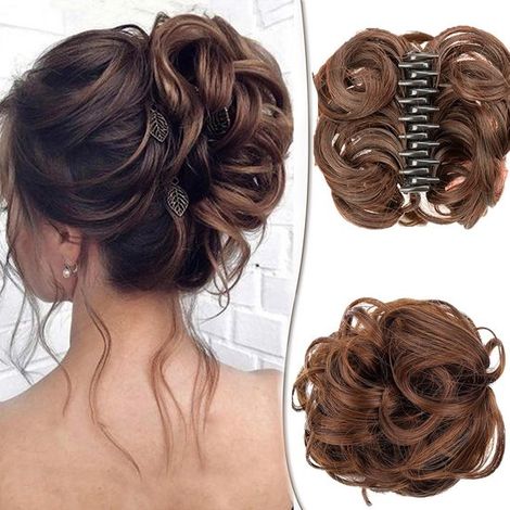 Postiche à clip chignon décoiffé, extension de cheveux synthétiques bouclés noirs (1/5)