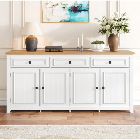 Credenza 160x35x76 cm bianca in MDF con finitura effetto legno, 3 cassetti, 4 ante e ripiani regolabili (1/5)