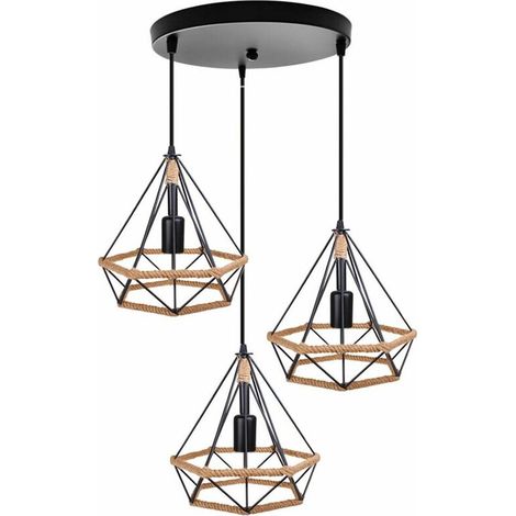 Suspension Luminaire Industrielle Corde de Chanvre forme Diamant Métal E27 Noir éclairage de Plafond pour Salon Chambre Restaurant Cuisine Café Bar - Noir BLOW (1/5)