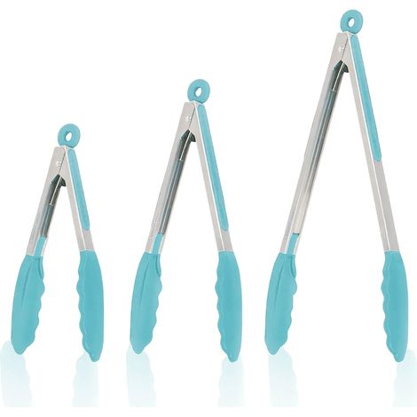 Pinces de cuisine en silicone bleu ciel - Acier inoxydable avec embouts en silicone pour griller et cuire au four (1/3)