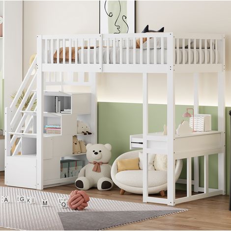 CHICFURN Cama alta infantil 90x200 cm de madera blanca con escritorio y escalera con almacenaje (1/5)