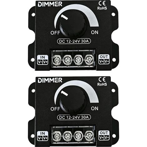 Paquete de 2 atenuadores PWM de 12 V/24 V y 30 A para tiras LED, controlador de luz con dial manual, atenuador de CC compatible con LED de regulación continua con función de memoria y carcasa metálica (1/5)