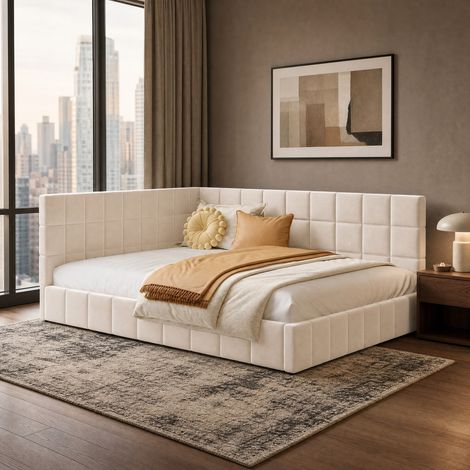 Divano letto 140 x 200 cm con schienale, beige, struttura in legno, senza materasso FloraGrace (1/5)