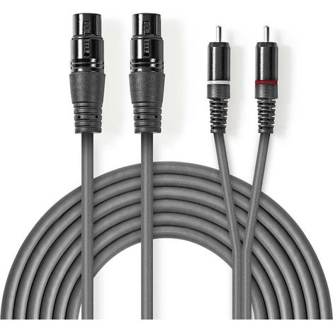 Cable de audio balanceado 2x xlr hembra de 3 pines 2x rca macho niquelado 150 metros redondo pvc gris oscuro funda de carton