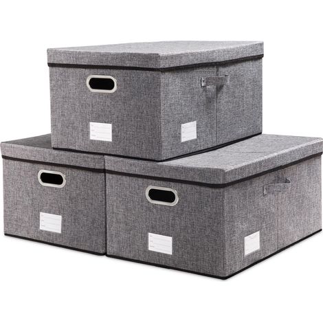Grande Boîtes de rangement pliable avec couvercle,bacs de rangement de lin décorative, Panier Cube avec poignées,gris(58x40x30cm) (1/5)