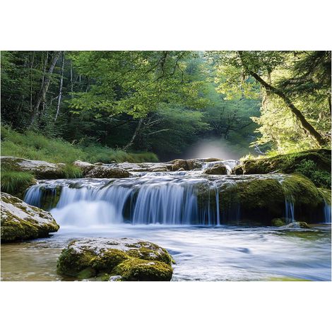 Papier peint mural 3D cascade forêt paysage intissé grand format design intérieur salon chambre pas cher 150x105 cm