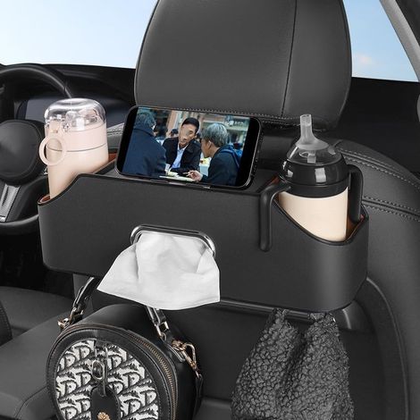 Multifunktionale Aufbewahrungsbox für die Kopfstütze im Auto – Unterteiltes Design mit Getränkehalter, Taschentuchbox und Haken, ideal für die Rückbank – Schwarz (1/4)
