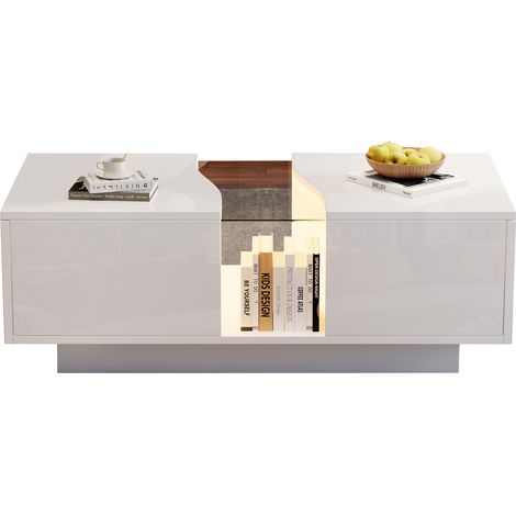 Table basse LED blanche brillante 100 x 50 x 35 cm avec 2 tiroirs, plateau acrylique et rangement, meuble moderne pour salon et chambre - CHICFURN (1/5)